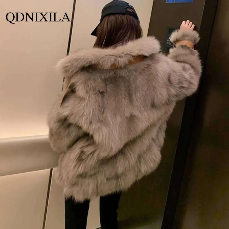 2022 Winter Fur Coat Women Imitation Fox Hair Korean Version of The New Faux Fur Coat Hooded Fox Fur Long Fur Collar Jackets