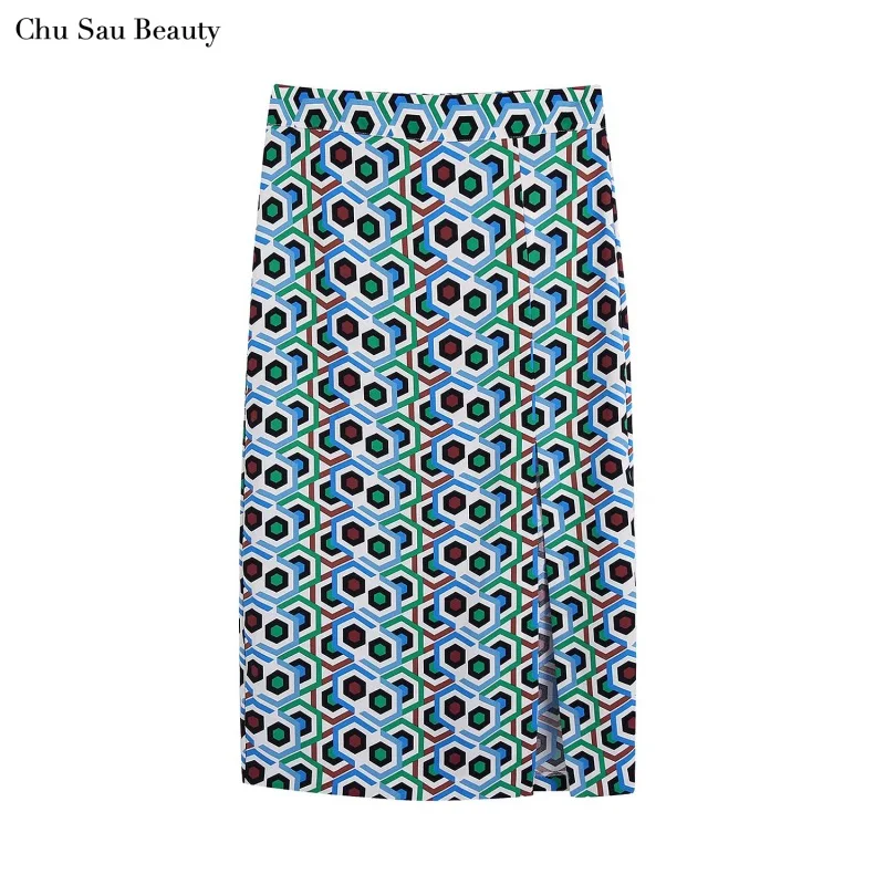 

New Za Women Geometric Pattern Print Short Sleeve Dress, Long Sleeve Top, Skirt, Trousers 4pcs Fashion Casual Women Streetwear