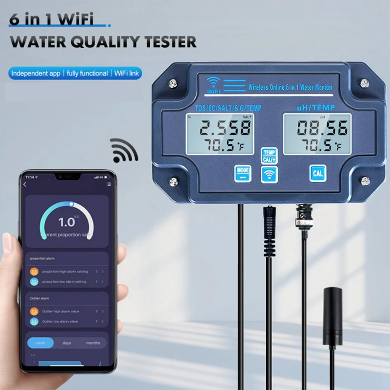 6 в 1 Цифровой Анализатор воды PH/EC/TDS/Соль/вес брутто/контроль температуры онлайн