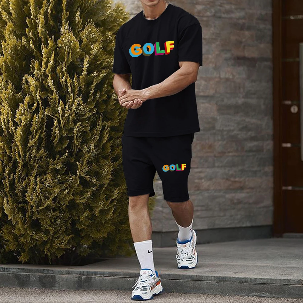 Street Trend Golf Letter Print 2023 Sports Suit Summer Men's Suit Trend Breathable Brand Sports T-shirt Casual Short Sleeve Suit