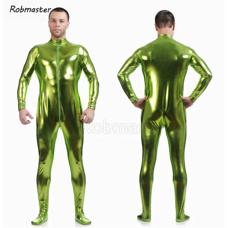 Мужской латексный костюм черные блестящие металлические колготки золотистый