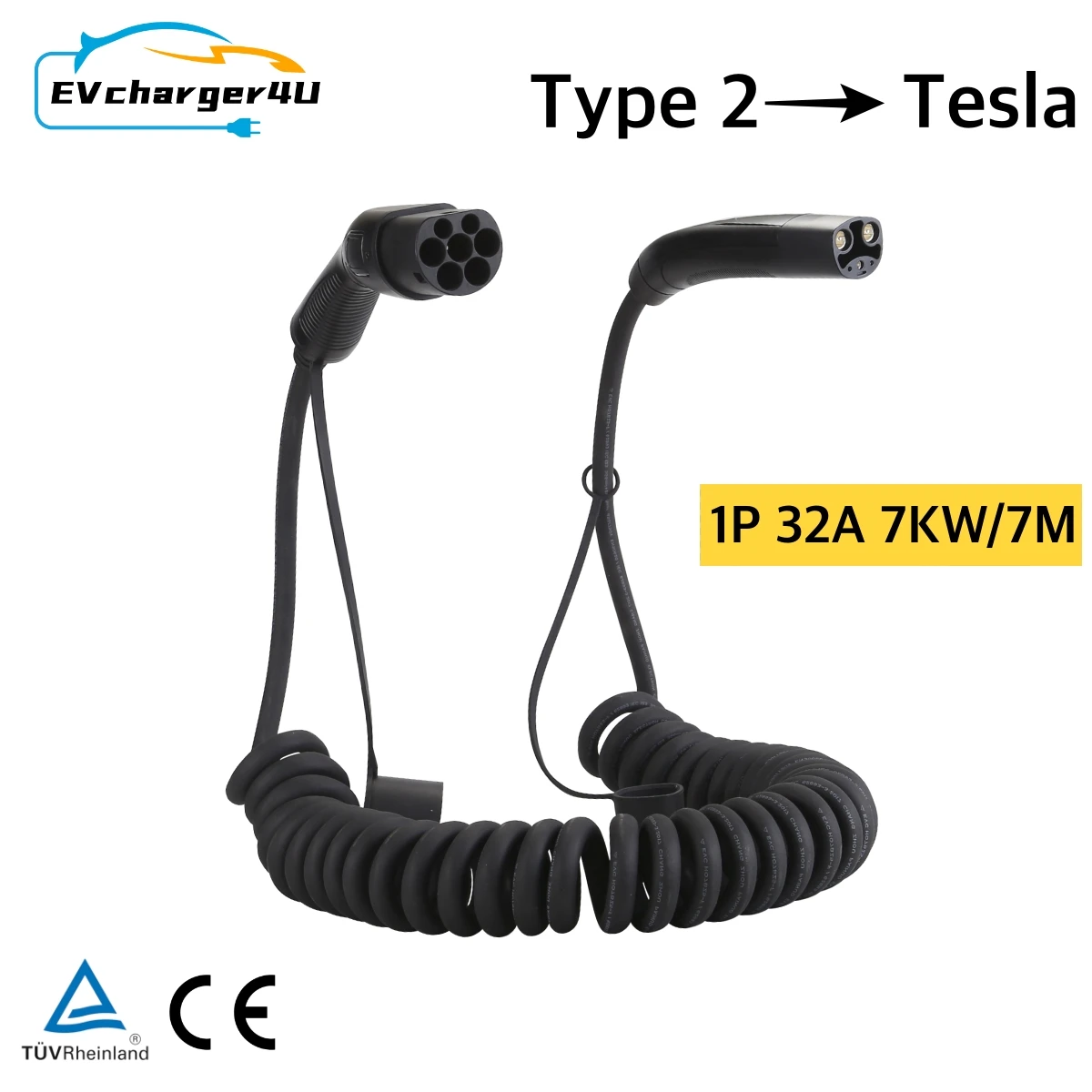

EVcharger4U для Tesla EV Зарядный спиральный кабель 1 фаза 32A 7KW 7M Тип 2 к NACS Спиральный зарядный кабель для модели X/S/3/Y