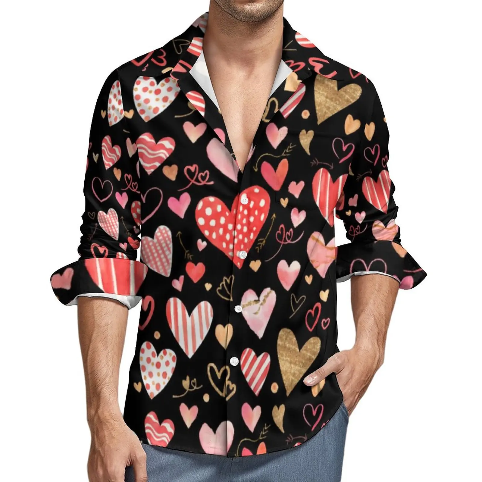 

Abstract Heart Print Casual Shirts Man Valentines Day Shirt Long Sleeve Retro Aesthetic Blouses Autumn Graphic Clothes Plus Size