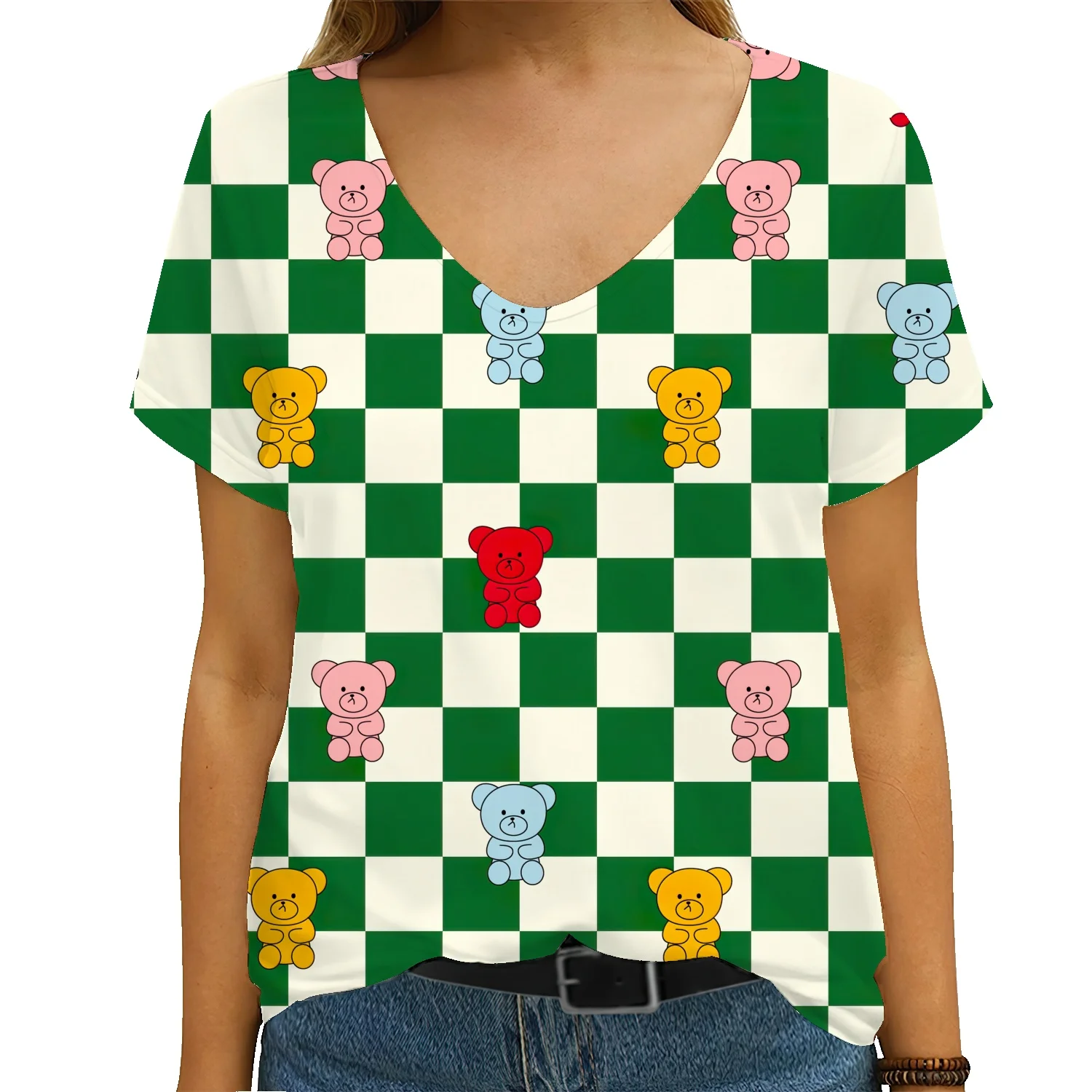 

Женская футболка с коротким рукавом, V-образным вырезом и 3D-принтом медведя