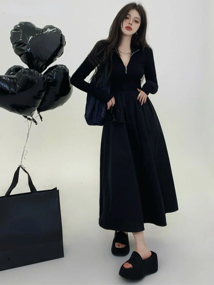 

Black Ankle-length Minimalist Dresses Women Fall Hot Girls All-match Elegant Casual Young Simple Temperament Chic Princess Style