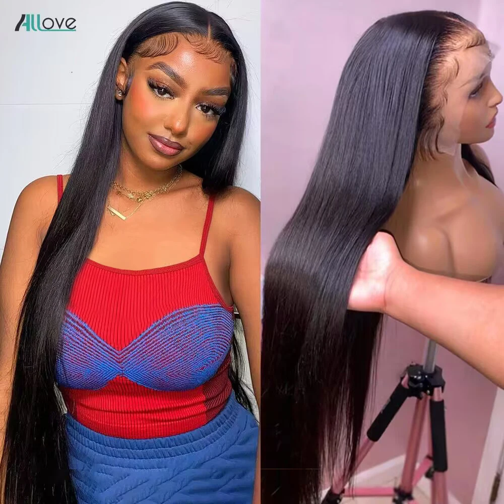 Allove прямые человеческие волосы парики прозрачные кружевные для женщин