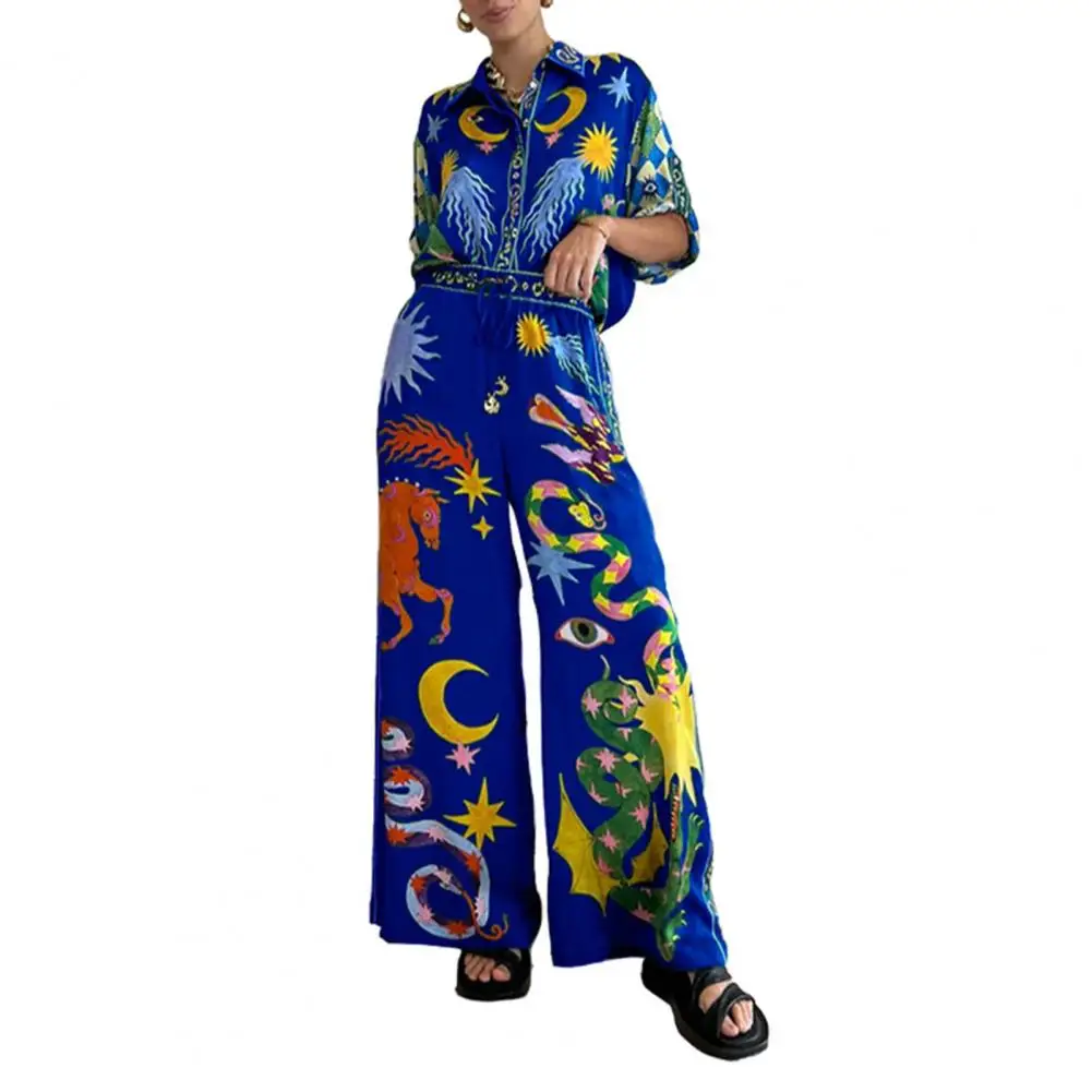 

Women Loose Pants Set Fashion Printed Single Breasted Lapel Short Sleeve T-shirts Wide Leg Trousers Sets conjuntos de pantalones
