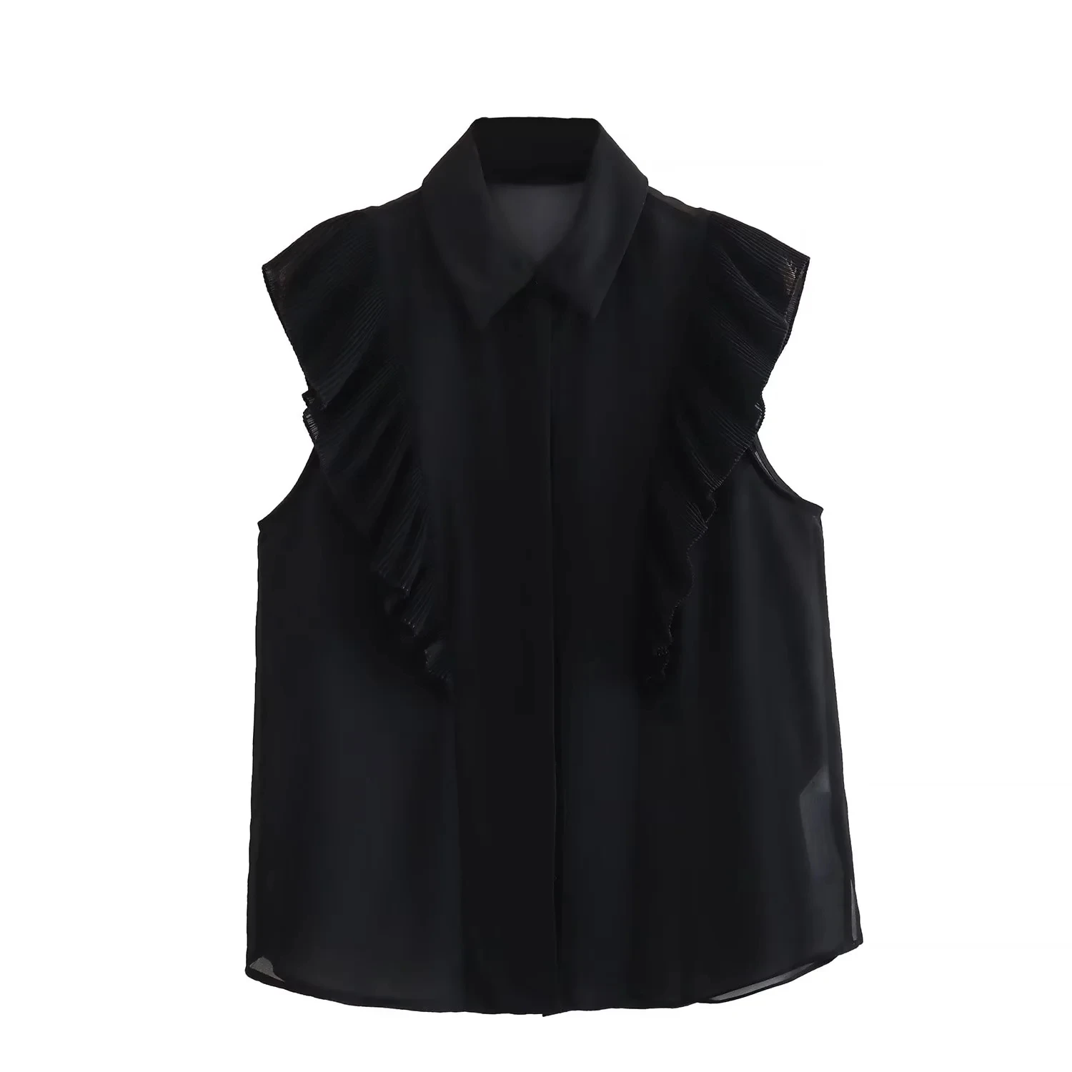 

TRAF Woman Ruffled Semi-Sheer Top 2023 Summer Casual Sleeveless Lapel Collar Ruffle Detail Front Hidden Button Closure Shirt
