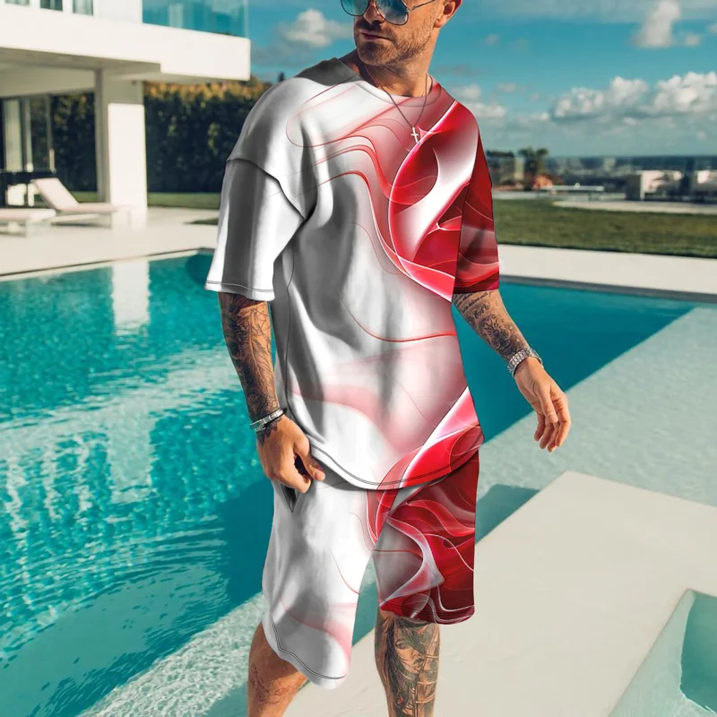 

Summer Sports Suit Set Men Casual T-shirt Short The flame Print Loose Set Solid Color Sport Shorts Tracksuits Two Pieces Clothes