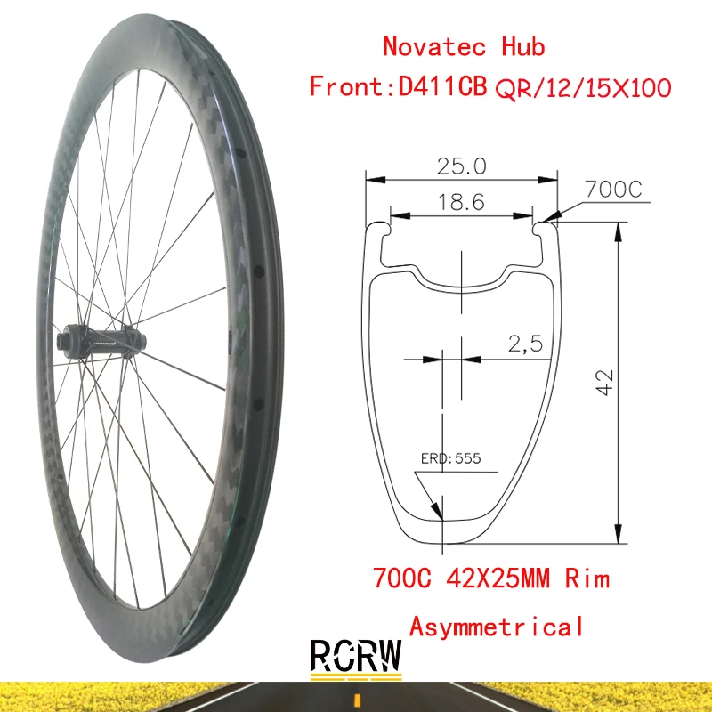 700C Road 42X25 переднее колесо Асимметричный карбоновый обод глубокий 42 мм ширина 25 мм 24 Отверстия Novatec Hub D411CB Центральный замок Wing20 спицы
