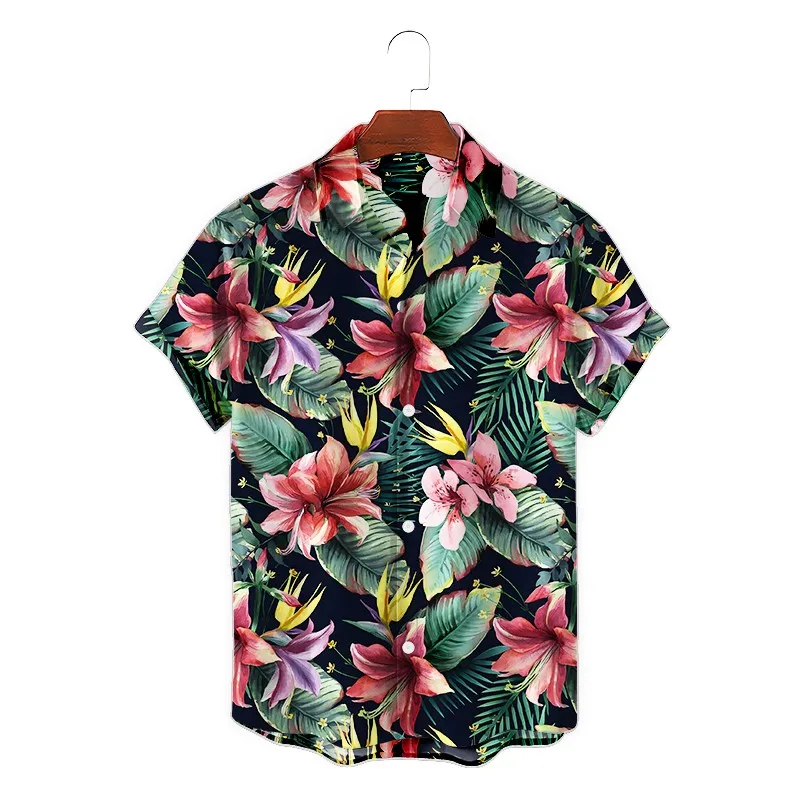 

New summer floral elements 3D digital printing trend loose short-sleeved shirt men's top + shorts suit