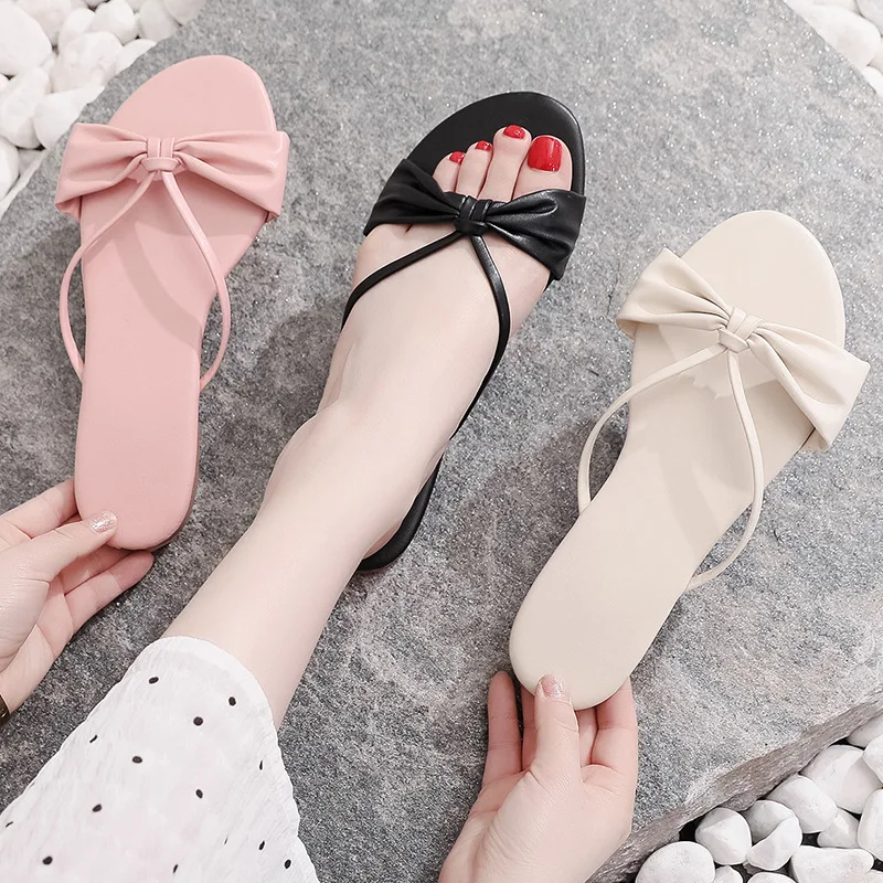 

Women Slippers Sandals Fashion Thin Strap Bow Solid Color Simple Flip Flop Outside Wear Non-Slip Seaside Slippers 2022 Summer