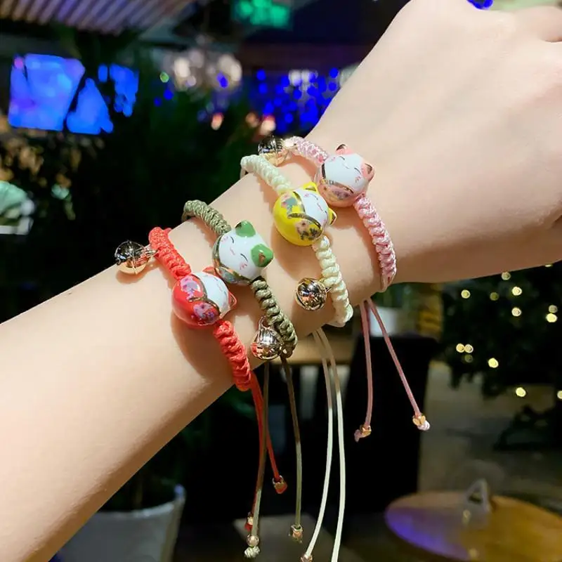 

2Pcs Ceramic Lucky Cat Bell Thread Bracelets Women Japanese Charm Rope Bracelets Tassel Beads Bracelet Handmade Bangles
