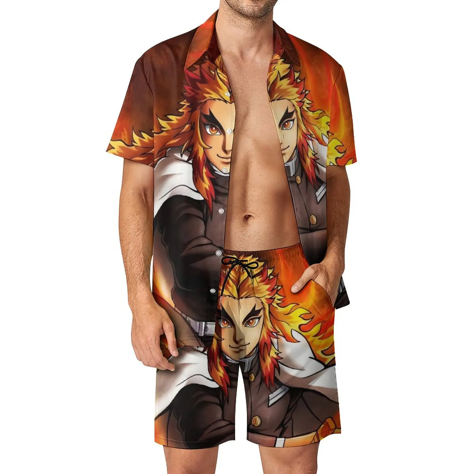 

Костюм пляжный мужской с принтом, винтажный повседневный комплект рубашки с коротким рукавом и шорты, рассекающий демонов, Rengoku Kimetsu No Yaiba, большой размер, на лето