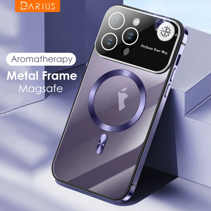 

Роскошный Магнитный чехол Magsafe с металлической рамкой для телефона iPhone 13 14Pro Max, защитный чехол с полным покрытием линз, прозрачный чехол для ароматерапии