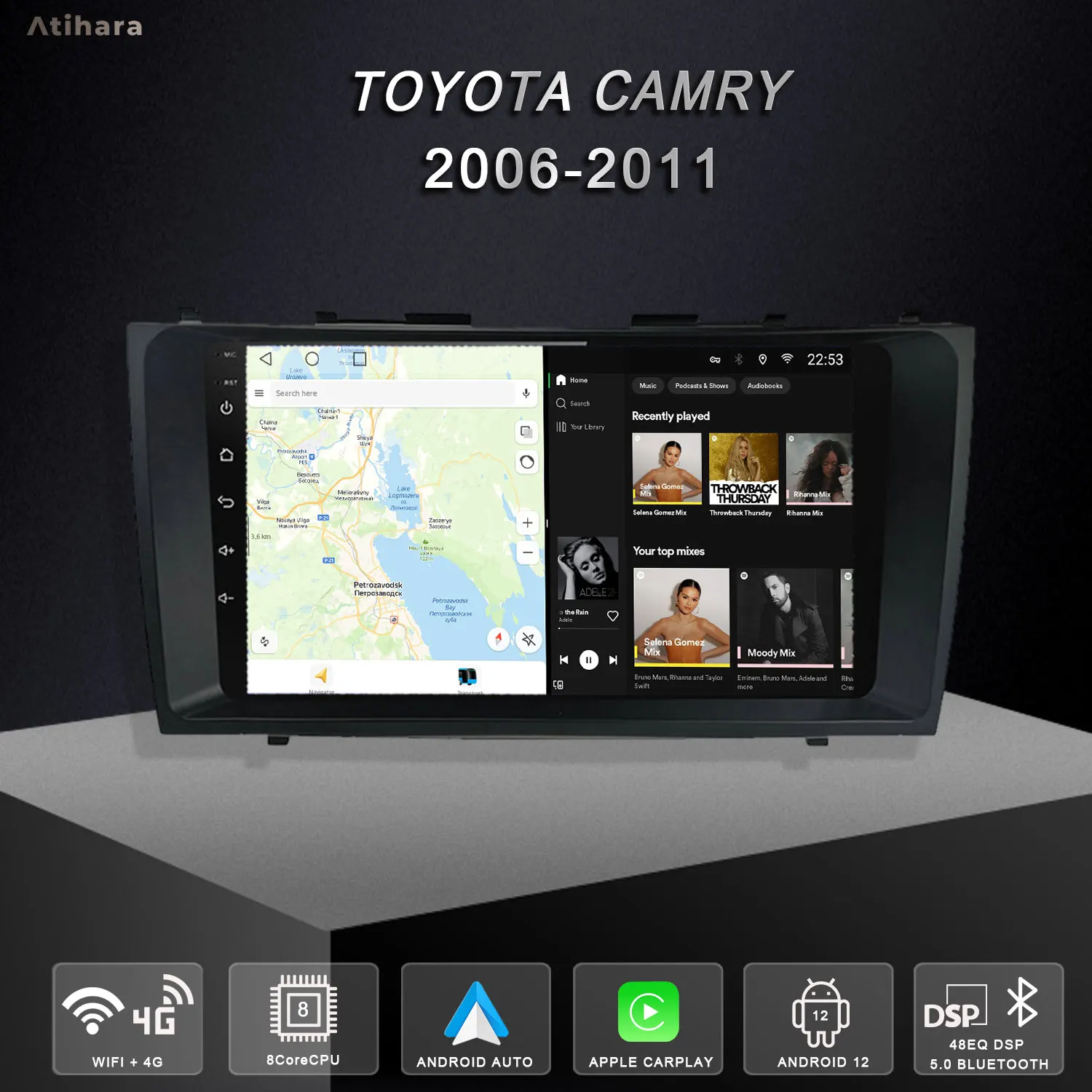 Atihara 9inch Car Multimedia Player For Toyota Camry 2006-2011 GPS Navigation Android Radio Stereo 8+128G Carplay 4G Auto Black