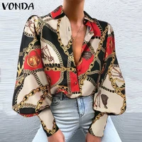 vonda 2022 lady puff sleeve print casual pleat blouse tops women spring lapel collar chemise button up party blusas oversized