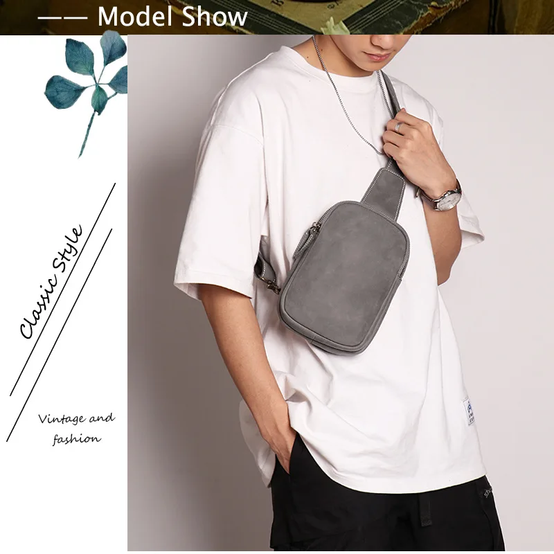 

Fashion Grey Small Chest Bag Trendy Men's Crazy Horse Leather Sling Phone Bag Daily Picnic Outdoor Sports Chest Pack
