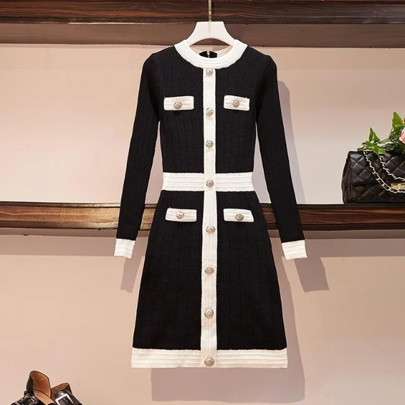 

Женское трикотажное платье-свитер с круглым вырезом, однобортное черное платье с длинным рукавом, в Корейском стиле, E368, Осень-зима 2022