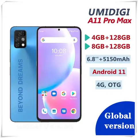 Смартфон глобальная версия UMIDIGI A11 Pro Max, Android 11, 6,8 дюйма, FHD +, 4 ГБ/8 ГБ ОЗУ, 128 Гб ПЗУ, Helio G80, тройная камера 48 МП, 5150 мАч