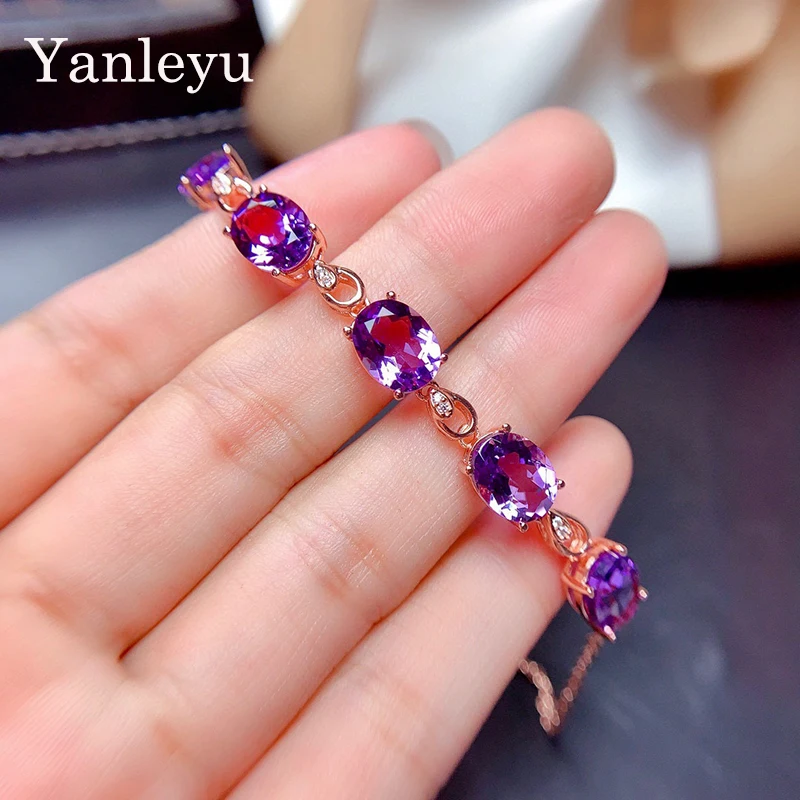 

Yanleyu Top Quality 5pcs Egg Shape Imitated Amethyst Gemstone Bracelet for Women Rose Gold Color Purple Zircon Wedding Jewelry