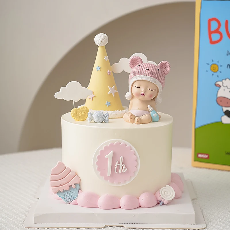 

Baby's Boy Girl First Birthday Party Hat Cake Topper Cute Bottle Dress Up Blue pink Clouds Cone Silicone Baking Mold Decorations