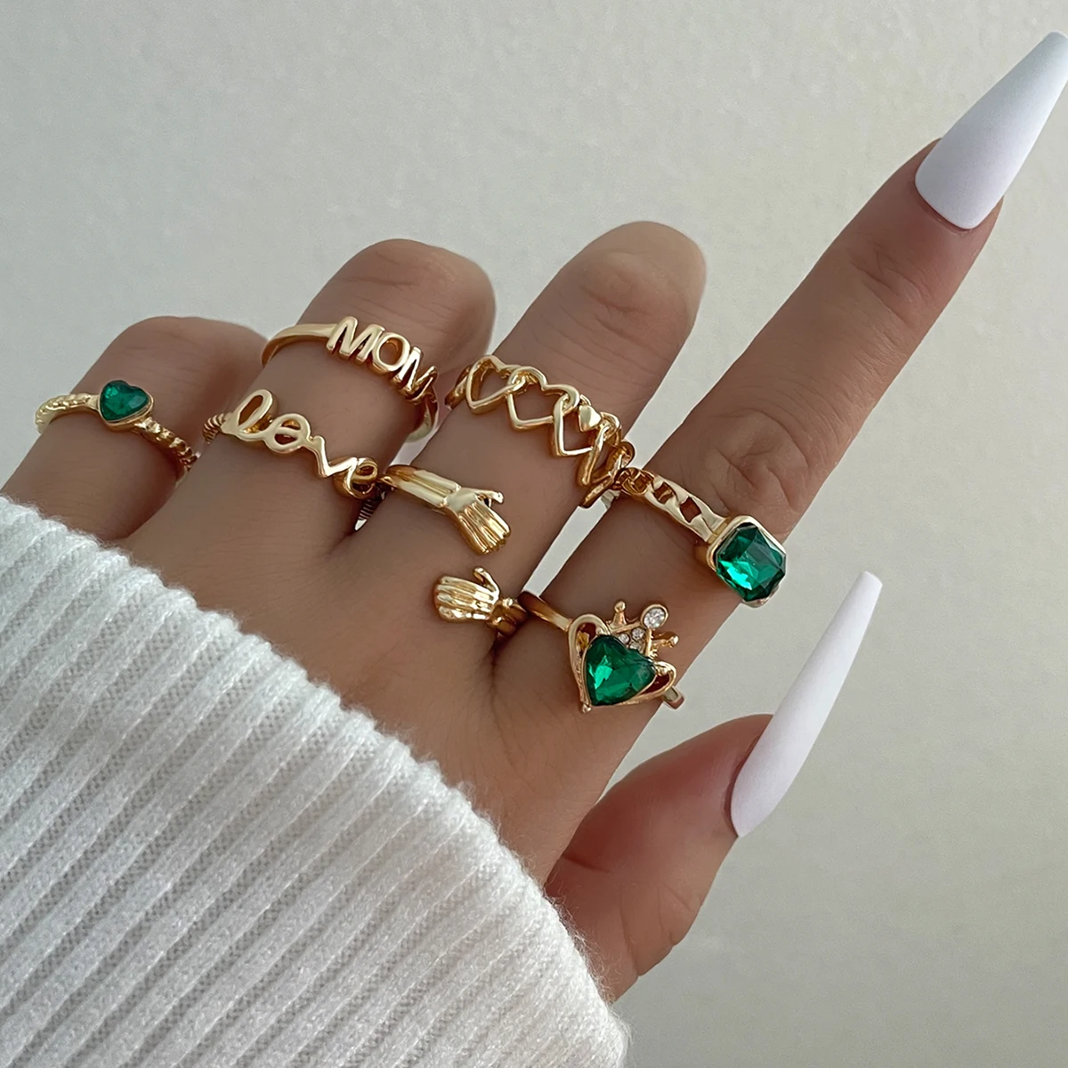 

Stillgirl 7Pcs Vintage Heart Gold Rings Color for Women Aesthetic Green Crystal Letter Love Female Kpop Jewelry Anillos Mujer