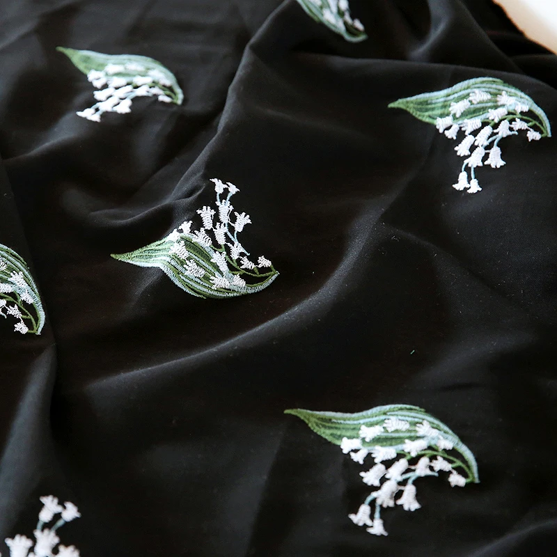 

150cm Width Black Garden Orchid Embroidery Spun Rayon Twill Fabric For Spring Art Skirt Dress Pillow Curtain