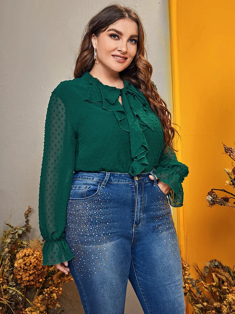 

TOLEEN Plus Size Tops Fashion Ruffle Flowers Women's Green Blouse 2022 Spring Autumn Long Sleeve Casual Oversized Shirt Clothing