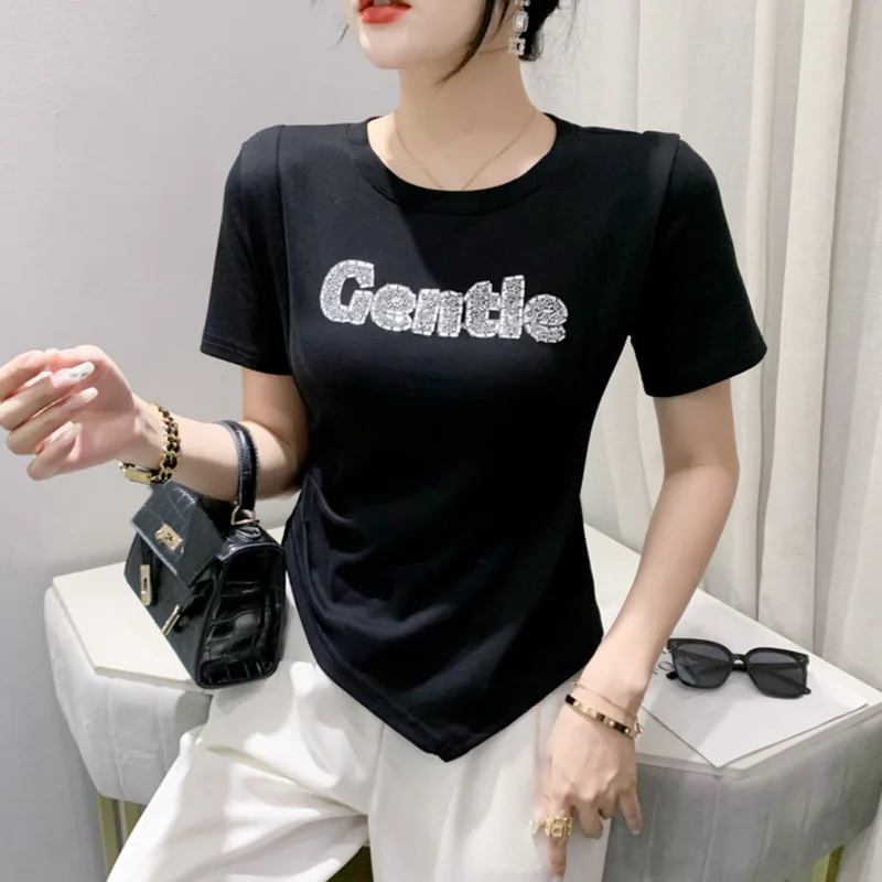 

#6579 Black White Short T Shirt Women Diamonds Letters Streetwear Tshirt Cotton Korean Style Irregular T-shirt Female Summer2023