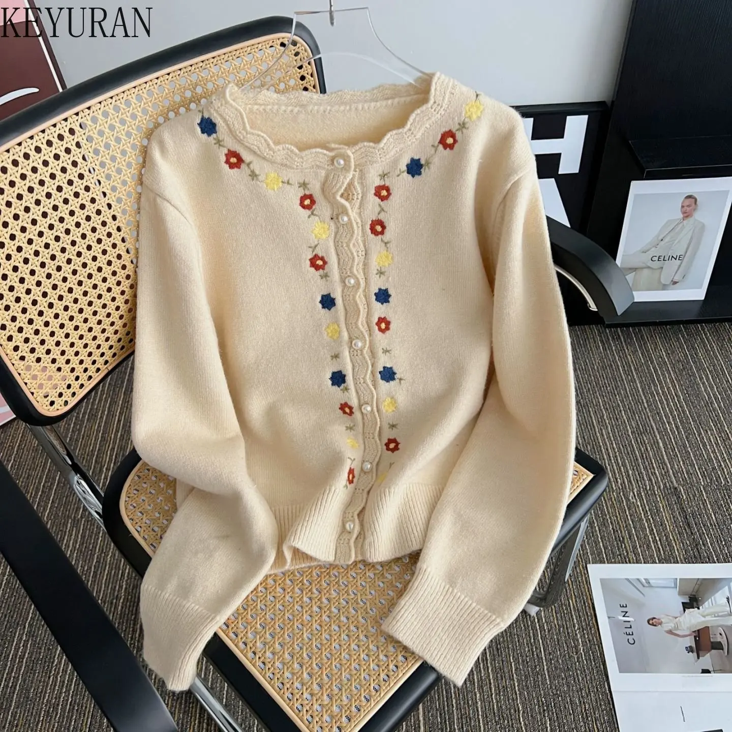 

Винтажный вязаный кардиган с цветочной вышивкой, Женский однобортный свитер в Корейском стиле, милый Повседневный джемпер с круглым вырезо...