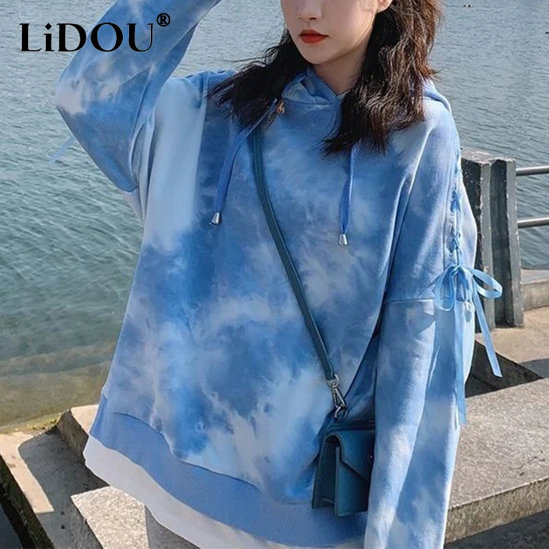 

Autumn Winter Korean Style Casual Fashion Tie Dye Sweatshirt Women Long Sleeve Lace Up All-match Pullover Top Lady Loose Outwear