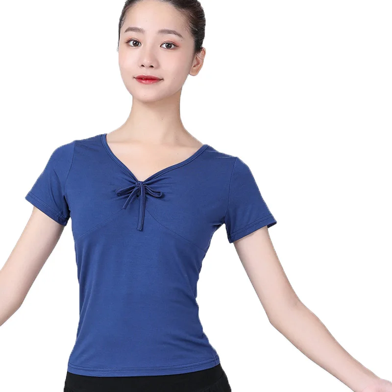 

Women Dancing Costume Adult Lady Summer Latin Dance Top V-collar Basic T-shirt Autumn Yoga Sport Short Sleeve Ballroom Dancewear