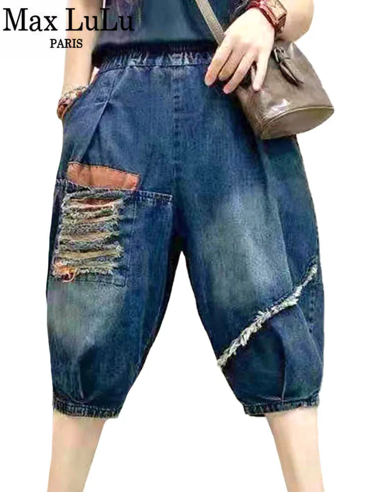 

Max LuLu 2022 Summer Fashion Korean Style Ladies Holes Vintage Jeans Loose Black Trousers Womens Causal Distressed Harem Pants