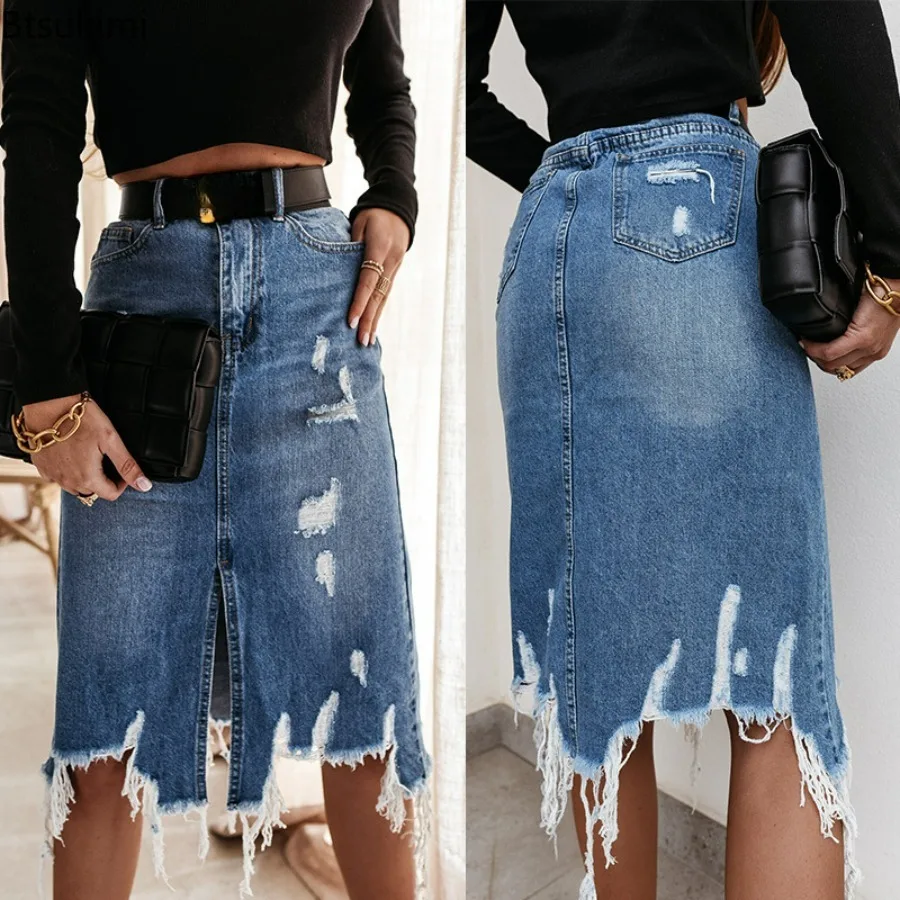 

New2023 Women's Summer Sexy Asymmetric Denim Skirt Female High Waist Slit Ripped Beggar Midi Skirts Casual Slim Blue Jeans Skirt