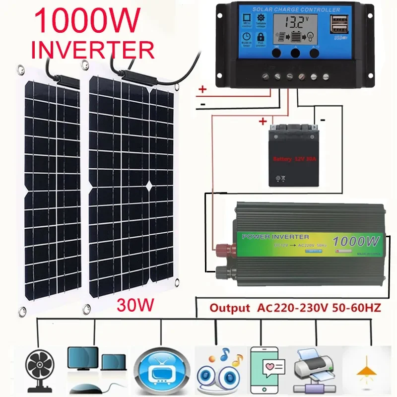 

1000W Inverter Solar Panel Complete Kit 12V Battery Charger With 30A-60A Controller Solar Cells Power Bank for Phone Home Grid