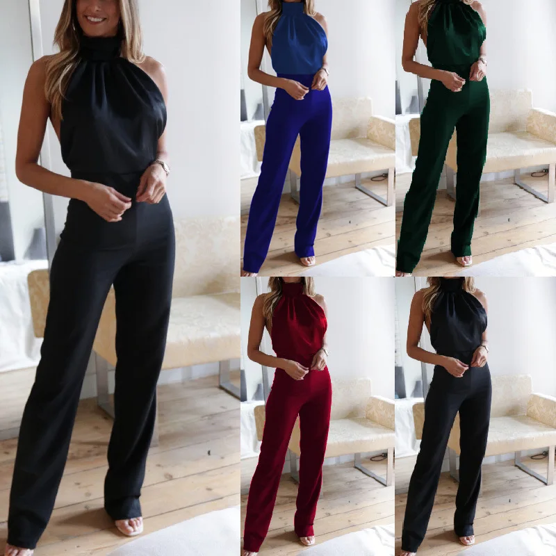 jumpsuits for women 2023 Summer  Sexy Temperament Solid Color Neck Hanging Open Back Slim Bodysuit Female Jumpsuit