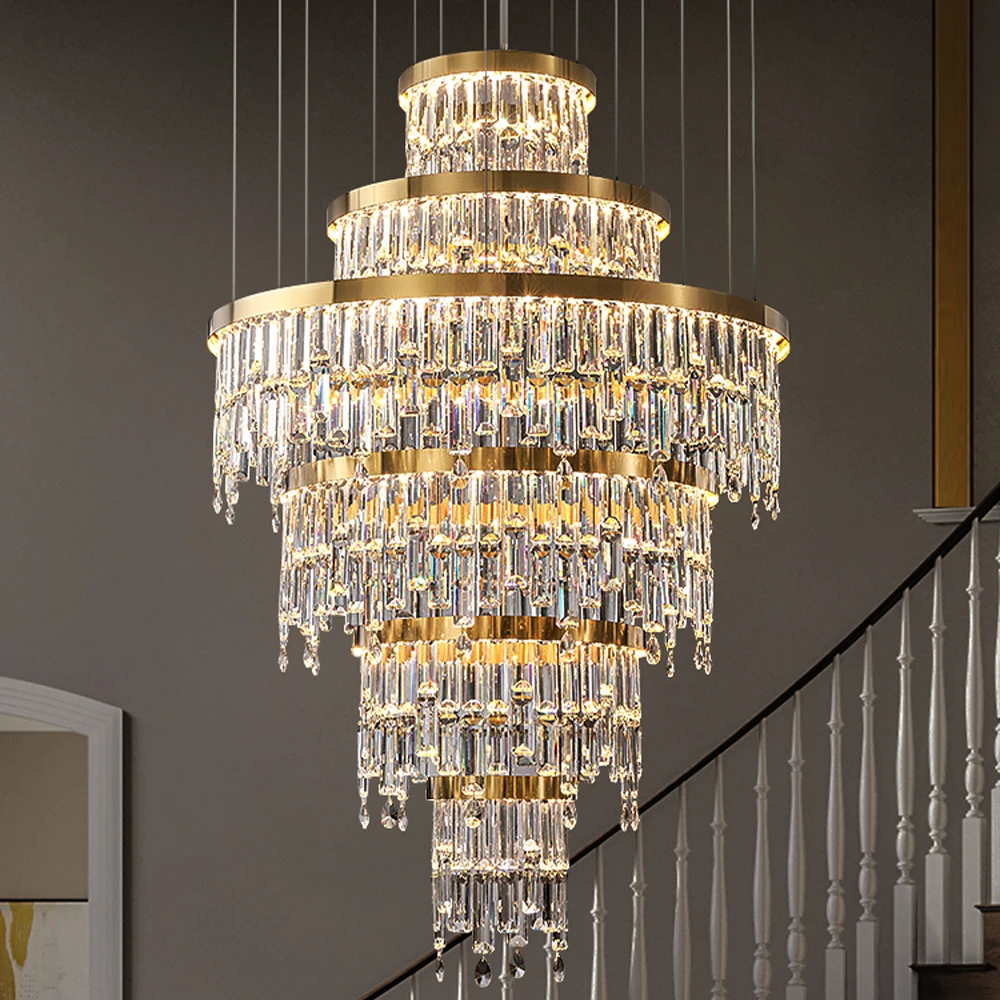 

Multi Layers Staircase Crystal Chandelier Lighting Modern Stair Lamp Luxury Hotel Lobby Light Fixtures