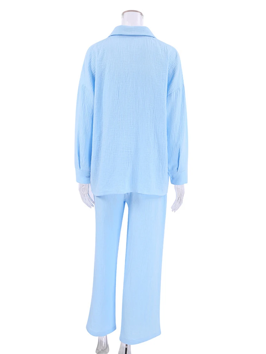 Marthaqiqi Blue Cotton Women'S Pajamas Sets Long Sleeve Sleepwear Turn-Down Collar Nightwear Wide Leg Pants Femme Pyjamas Suits