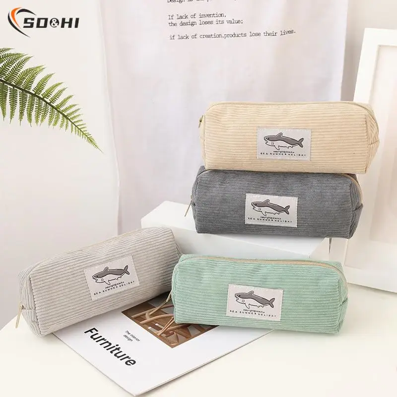 

Shark Pencil Case Corduroy Pen Case Kawaii Stationery Large Capacity Pencilcase