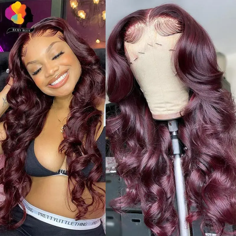 99J Burgundy Body Wave Lace Front Wigs For Women Human Hair Brazilian Pre Plucked Red Lace Front Wig Remy Hair 180 13*1 Remyblue