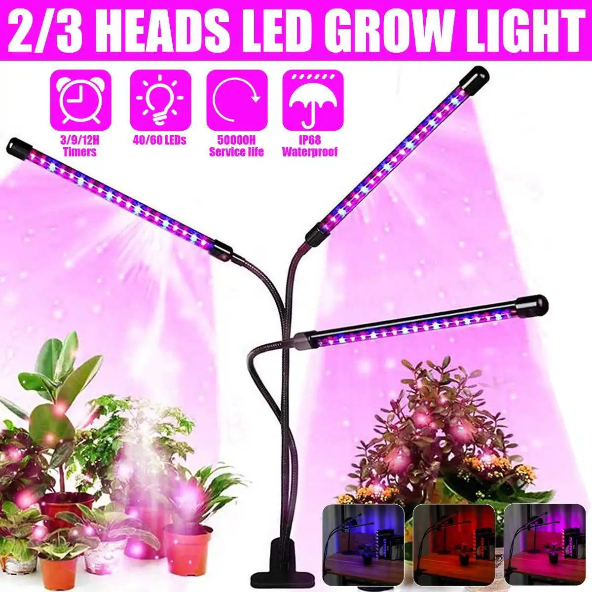 

2/3 heads LED Grow Light USB Phyto Lamp Full Spectrum Timing With Control Phytolamp For Plants Seedlings Flower Home Tent