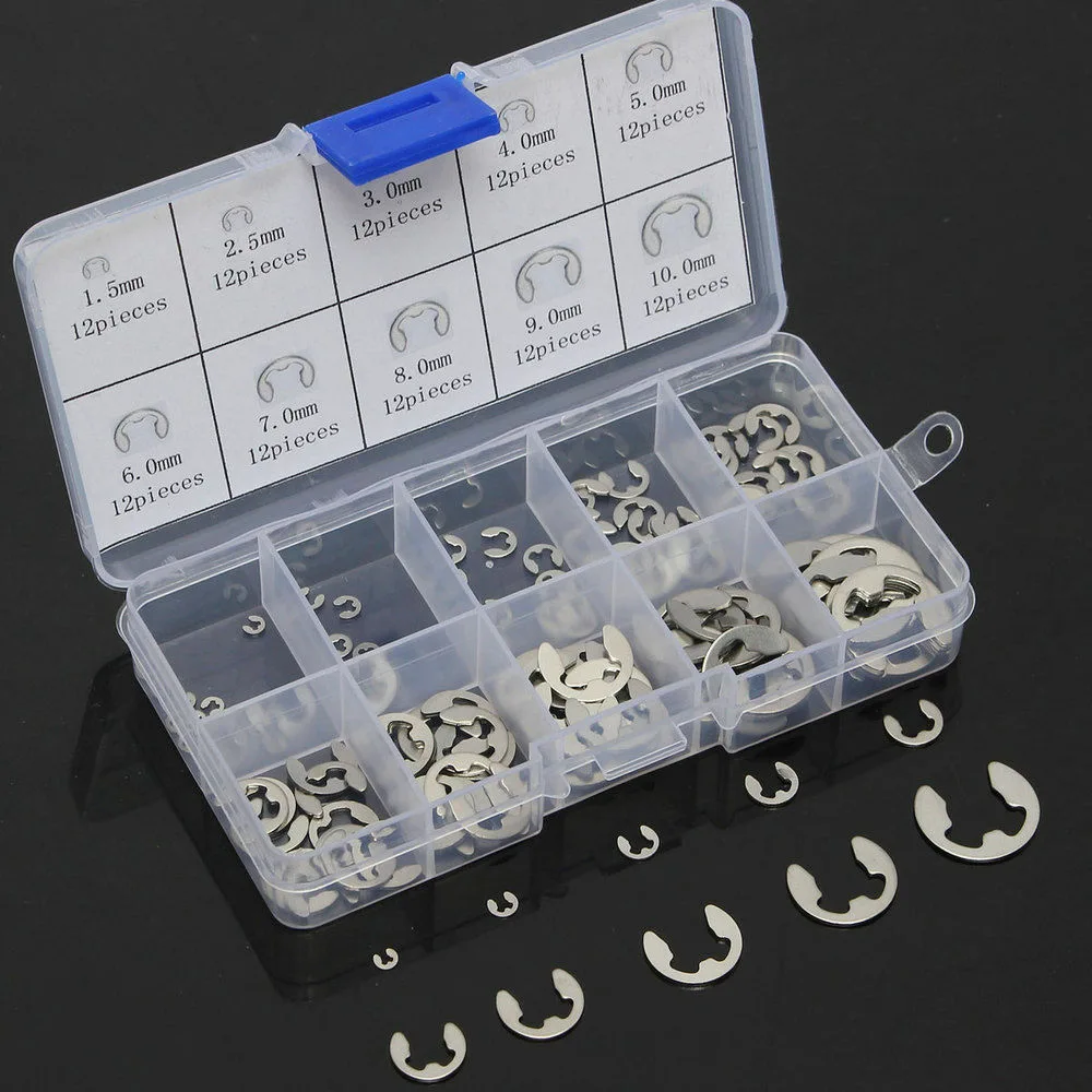 

120pcs/set E Clip Kit Retaining Ring Circlip Washer Assortment Kit Stainless Steel M1.5 - M10mm External C Clip Snap For Shaft