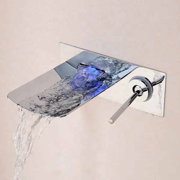 

Single Handle Hot Cold Water Mixer Taps For Wash Basin Artistic Brass Color Changing LED Light Waterfall Bathroom Faucet