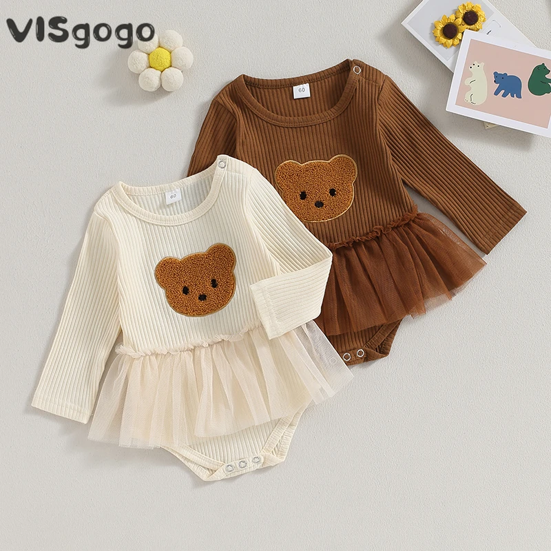 

Одежда для маленьких девочек от 0 до 18 месяцев VISgogo, сетчатый комбинезон, платье с рисунком медведя, комбинезоны с длинным рукавом для новорожденных, милая осенняя одежда для младенцев