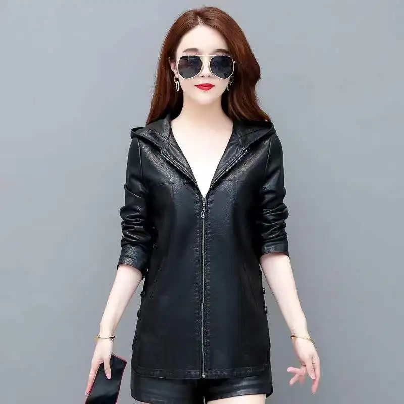 L-5XL New Woman Hooded Sheepskin Jacket Spring Autumn Fashion Casual Loose Mid-length Outerwear Split Leather Tops Coat Female