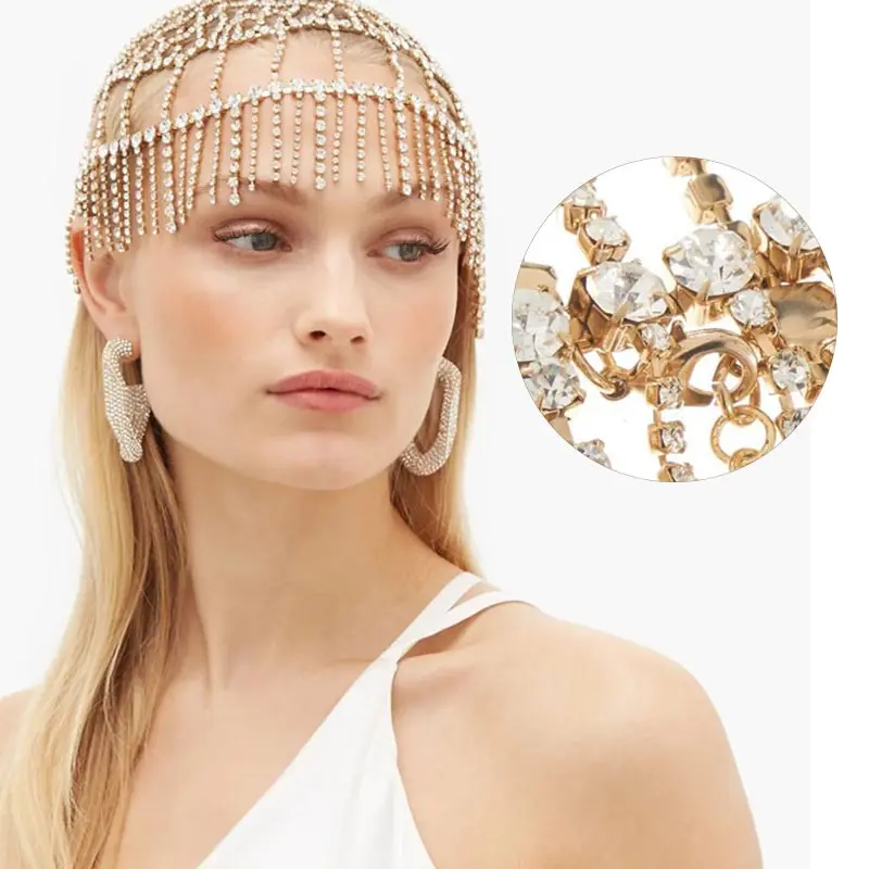 

1920s Crystal Cap Headpiece Rhinestone Head Chain Roaring 20s Great Gatsby Hair Accessories for Art Deco Party