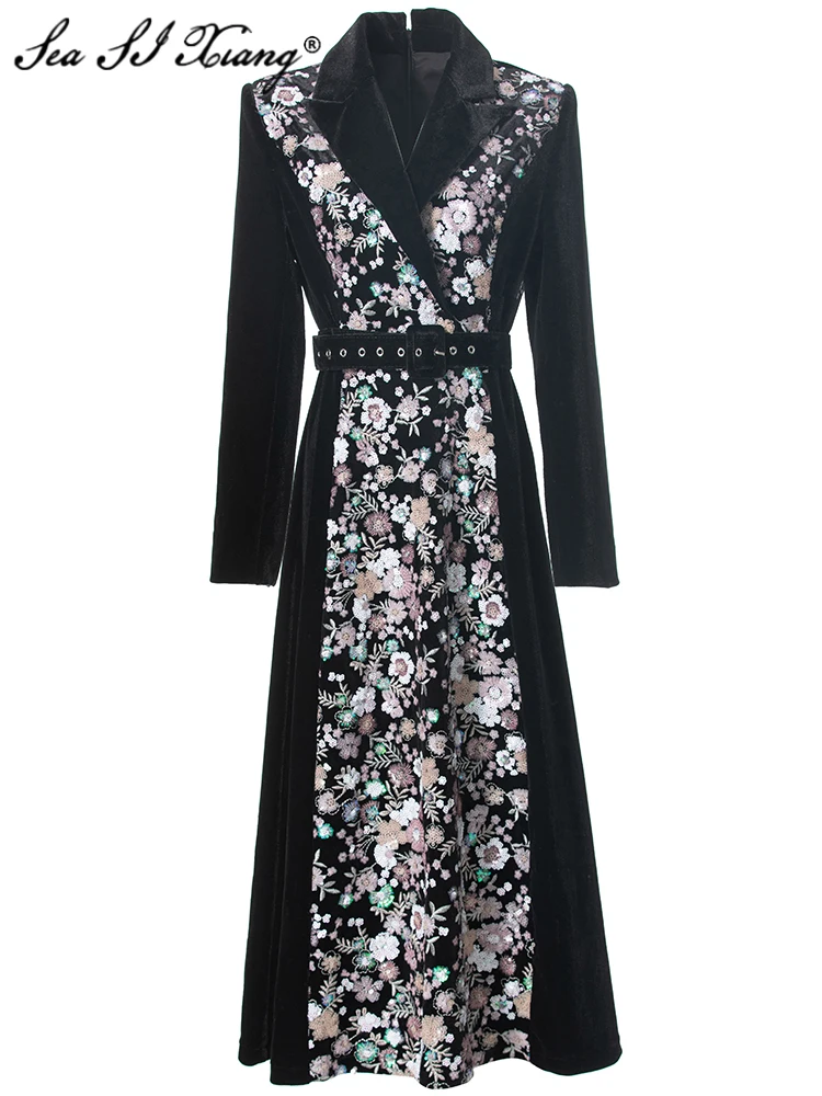 Женское бархатное пальто с вышивкой Seasixiang осенняя верхняя одежда отложным