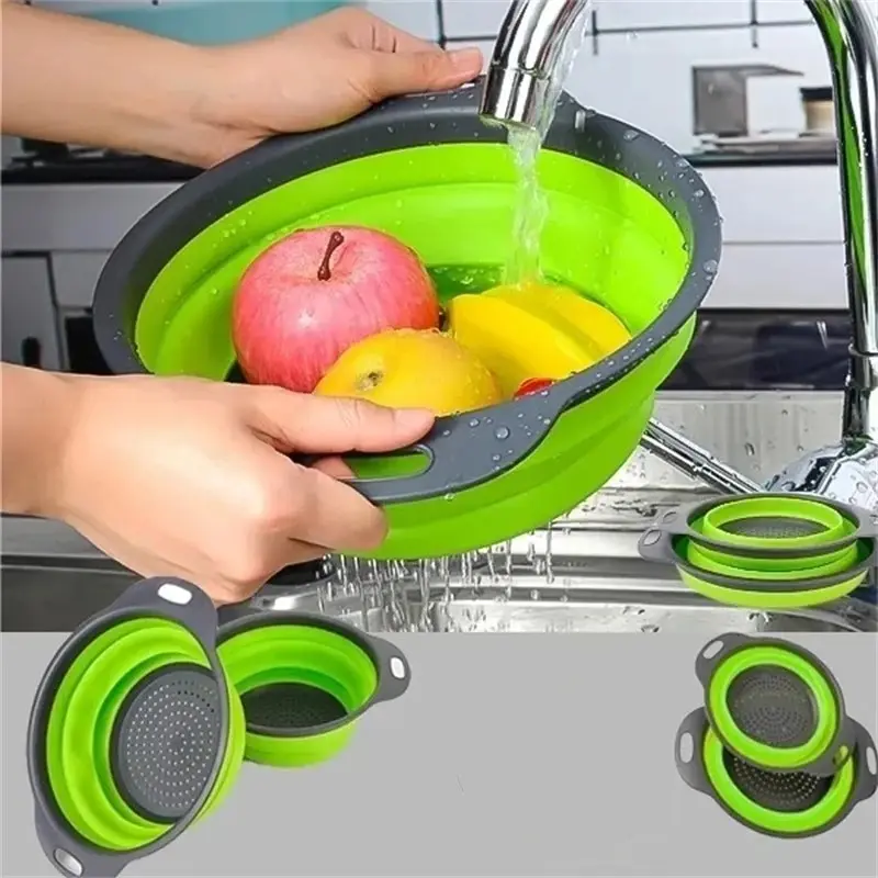 

Creative Green Silicone Round Folding Vegetable Fruits Washing Drain Basket Colander Strainer Collapsible Drainer Kitchen Tool