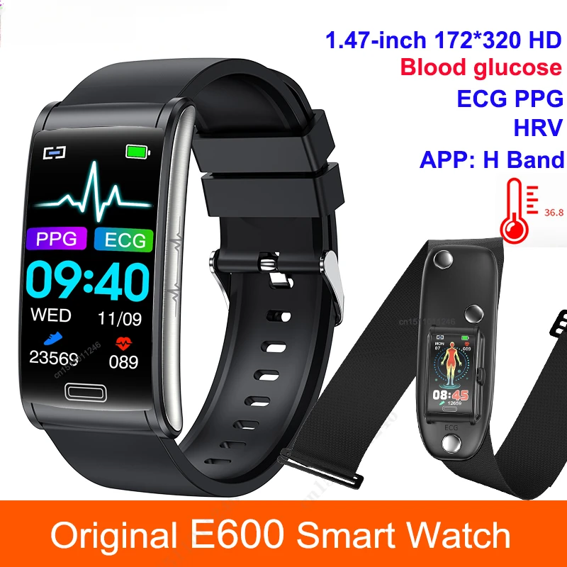 

New E600 ECG Smart Watch Men Non-invasive Blood Glucose Heart Rate Blood Pressure Monitor Sports Steps Smartwatch Women Android
